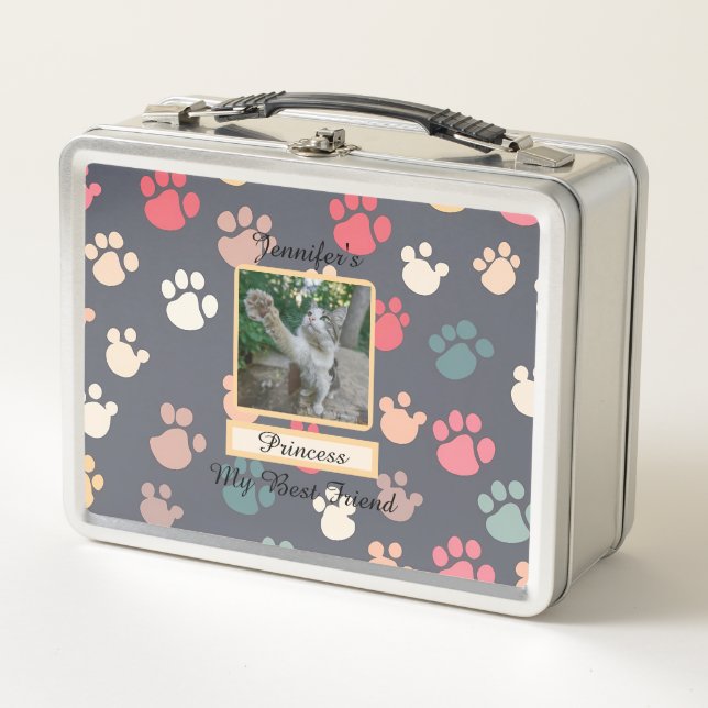 Cute Colourful Large Paw Prints My Best Friend Metal Lunch Box (Front)