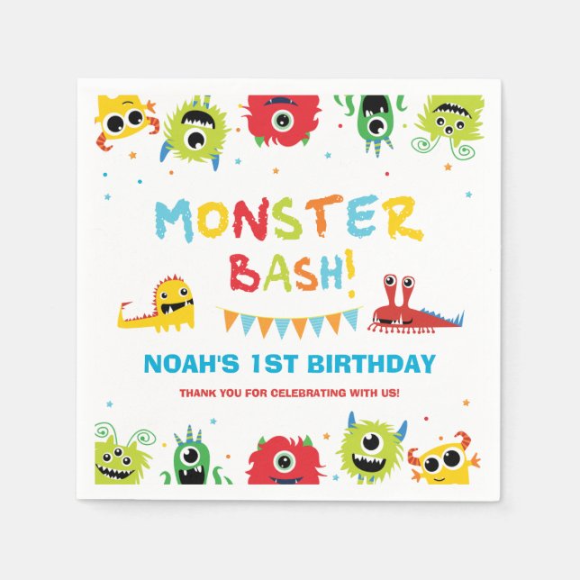 Cute Colourful Little Monsters Bash 1st Birthday Napkin (Front)