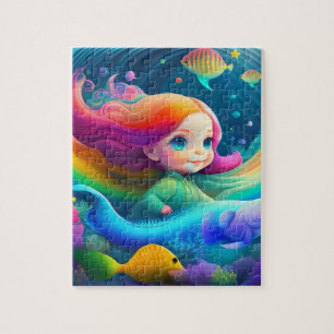 Cute Colourful Little Princess With Fish Jigsaw Puzzle