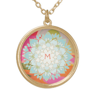 Cute Colourful Lotus Flower Monogram Gold Plated Necklace