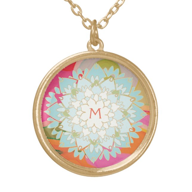 Cute Colourful Lotus Flower Monogram Gold Plated Necklace (Front)