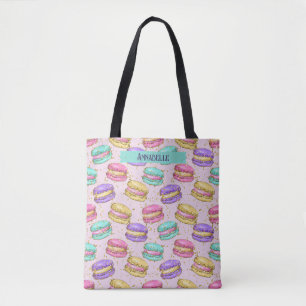 Cute Colourful Macaron Cookies Faux Glitter Name Tote Bag