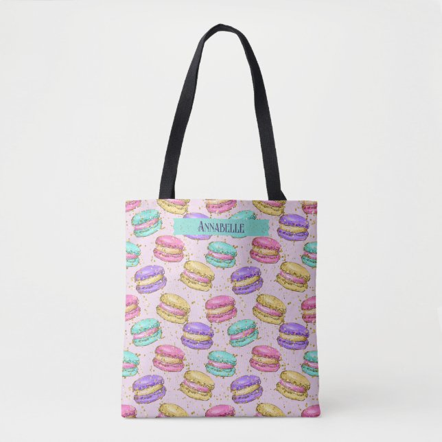 Cute Colourful Macaron Cookies Faux Glitter Name Tote Bag (Front)
