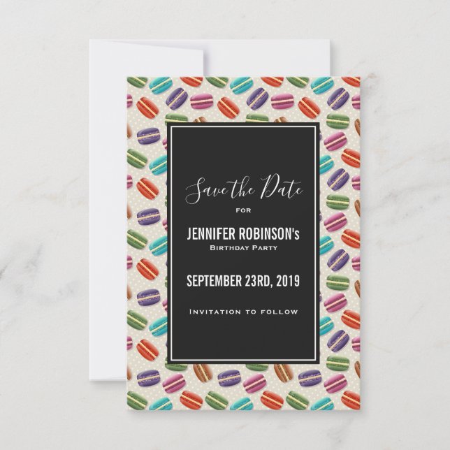 Cute Colourful Macarons Pattern with Polka Dots Save The Date (Front)