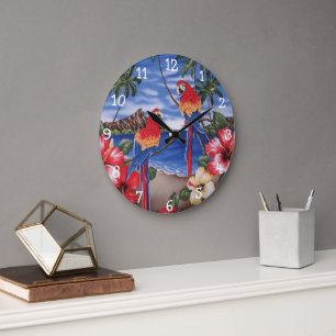 Cute Colourful Macaw Parrots On Hawaiian Beach Large Clock