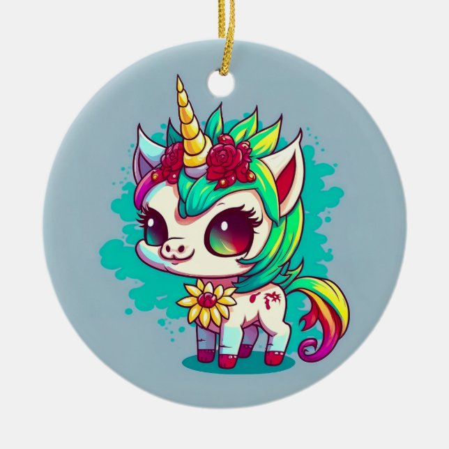 Cute Colourful Magical Creature Unicorn Artwork | Ceramic Ornament (Front)