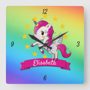 Cute Colourful Magical Unicorn Kids Name Square Wall Clock