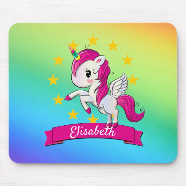 Cute Colourful Magical Unicorn Rainbow Kids Name Mouse Pad (Front)