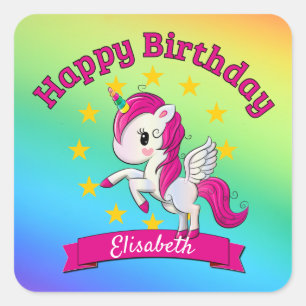 Cute Colourful Magical Unicorn Rainbow Kids Name Square Sticker