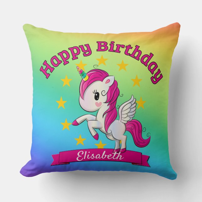 Cute Colourful Magical Unicorn Rainbow Kids Name Throw Pillow (Front)