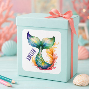 Cute Colourful Mermaid Ocean Girl Name  Square Sticker