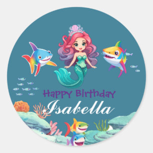 Cute Colourful mermaid shark rainbow Birthday kids Classic Round Sticker