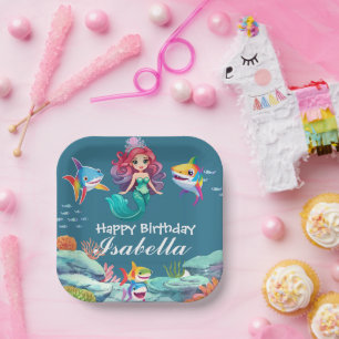Cute Colourful mermaid shark rainbow Birthday kids Paper Plate