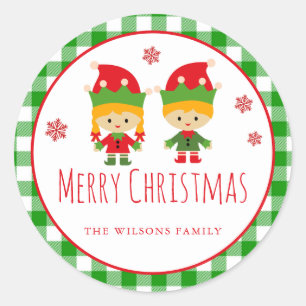 Cute Colourful Merry Christmas Elves Snowflakes Classic Round Sticker