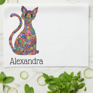 Cute Colourful Millefiori Cat Monogram Name Kitchen Towel