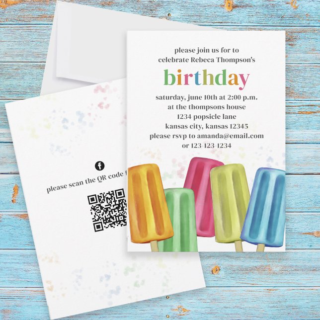 Cute Colourful Modern Birthday Popsicles QR Code Invitation (Creator Uploaded)
