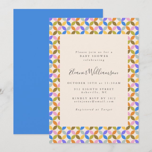 Cute Colourful Modern Blue Geometric Baby Shower Invitation (Front/Back)
