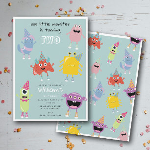 Cute Colourful Monsters Blue Boys Birthday Party Invitation