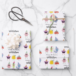 Cute Colourful Monsters Funny Kids Birthday Name Wrapping Paper Sheet