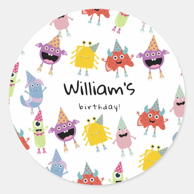 Cute Colourful Monsters Funny Kids Birthday Party Classic Round Sticker (Front)