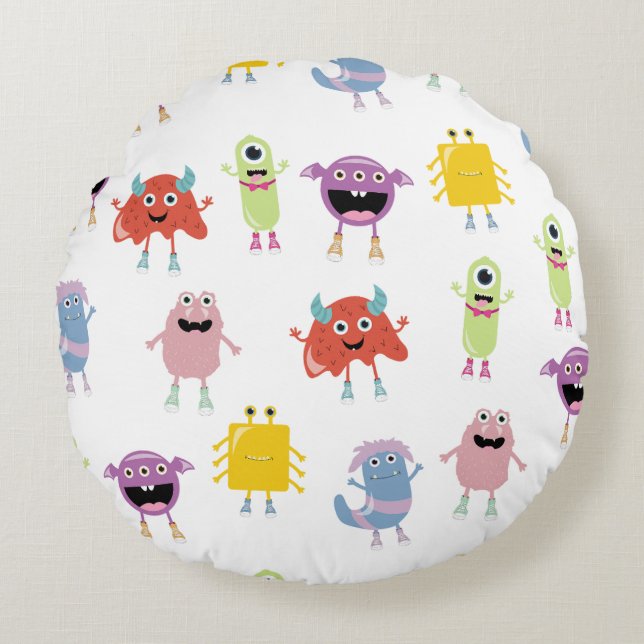Cute Colourful Monsters Funny Kids Pattern Round Pillow (Front)