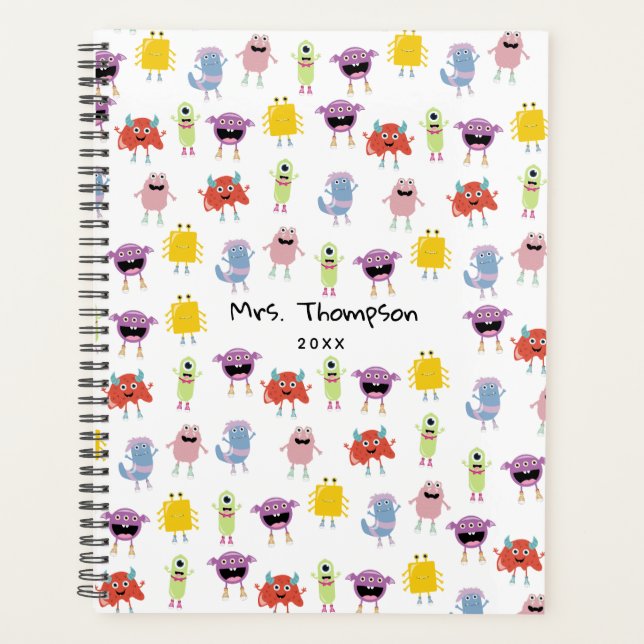Cute Colourful Monsters Funny Kids Pattern Teacher Planner (Front)
