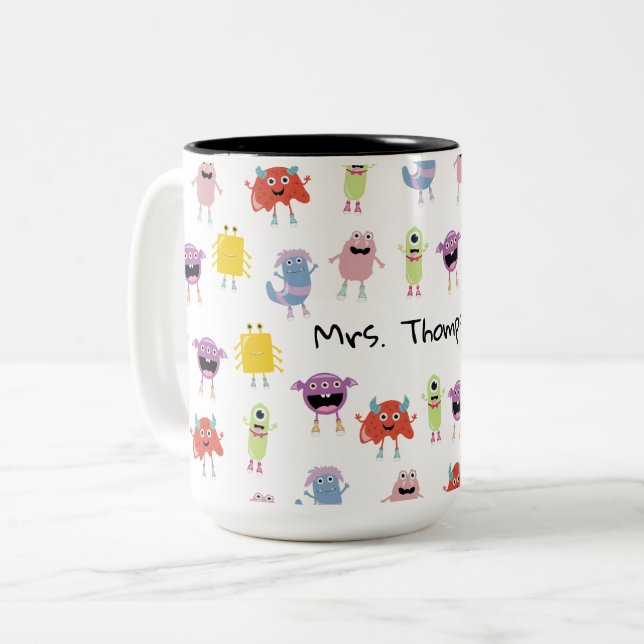 Cute Colourful Monsters Funny Kids Pattern Teacher Two-Tone Coffee Mug (Front Left)