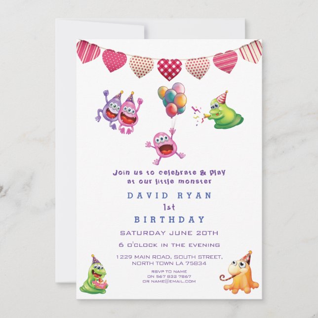 Cute Colourful Monsters Hearts Boy First Birthday Invitation (Front)