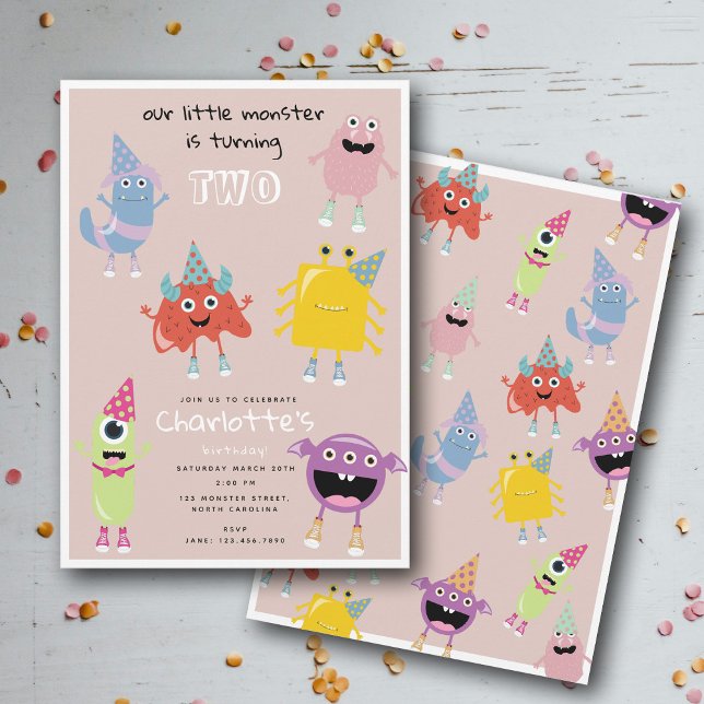 Cute Colourful Monsters Pink Girls Birthday Party Invitation (Cute Colorful Monsters Pink Girls Birthday Party Invitation)