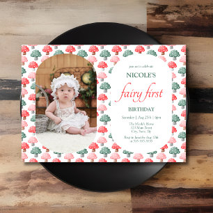 Cute Colourful Mushroom Photo Fairy First Birthday Invitation