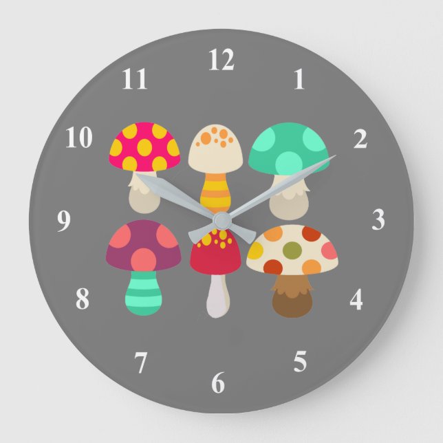 Cute colourful mushrooms large clock (Front)