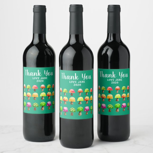 Cute colourful mushrooms wine label (Bottles)