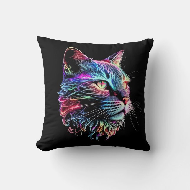 Cute Colourful Neon Cat Throw Pillow (Front)