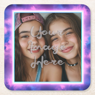 Cute Colourful Neon Vaporwave Photo Border Square Paper Coaster