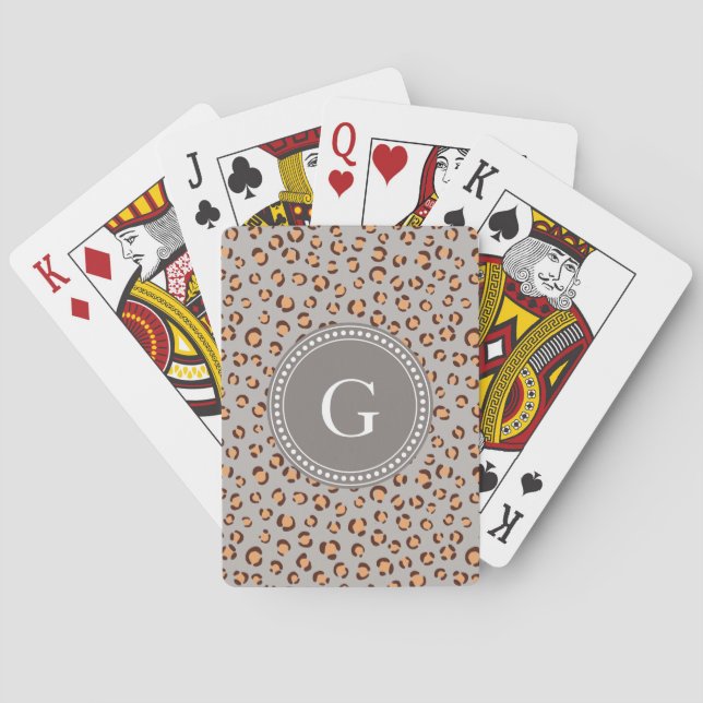Cute colourful orange brown cheetah print monogram playing cards (Back)