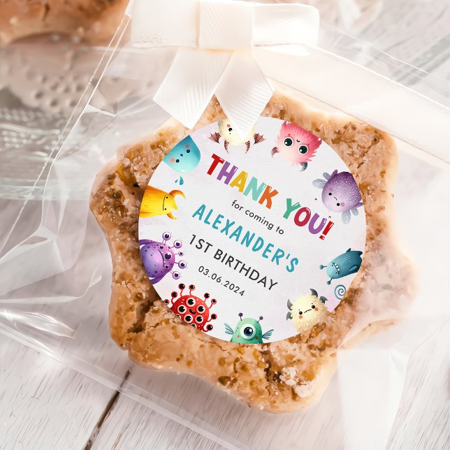 Cute Colourful Our Little Monster Birthday  Classic Round Sticker (Creator Uploaded)