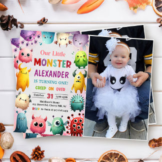 Cute Colourful Our Little Monster Birthday Photo Invitation