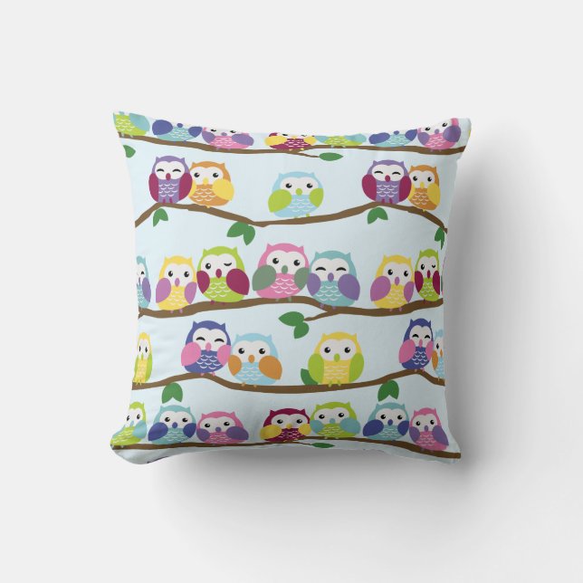 Cute Colourful Owl Branch Pattern Throw Pillow (Front)