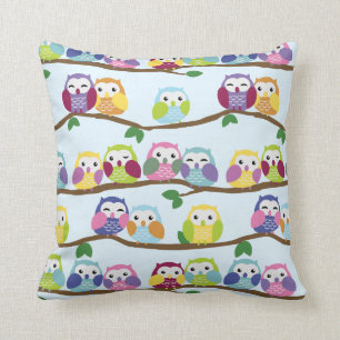 Cute Colourful Owl Branch Pattern Throw Pillow