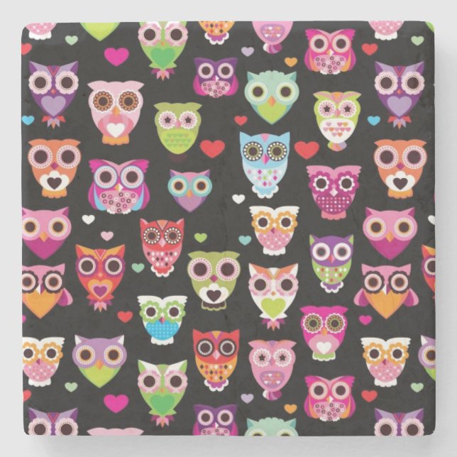 cute colourful owl kids pattern stone coaster (Front)