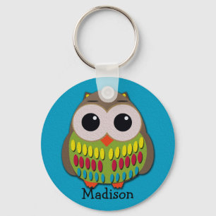 Cute Colourful Owl on Blue Personalized Keychain