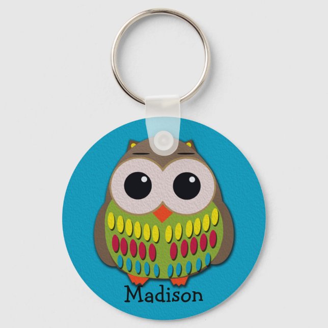 Cute Colourful Owl on Blue Personalized Keychain (Front)