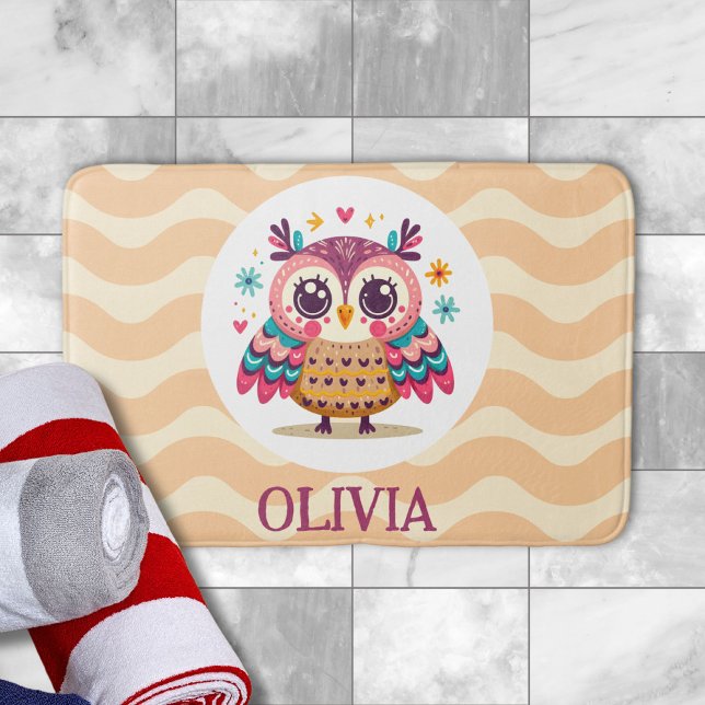 Cute Colourful Owl with Wavy Background Bath Mat (Creator Uploaded)
