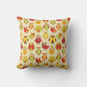 Cute Colourful Owls in Warm Red and Green Throw Pillow