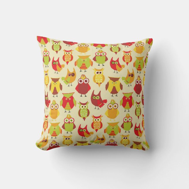 Cute Colourful Owls in Warm Red and Green Throw Pillow (Front)