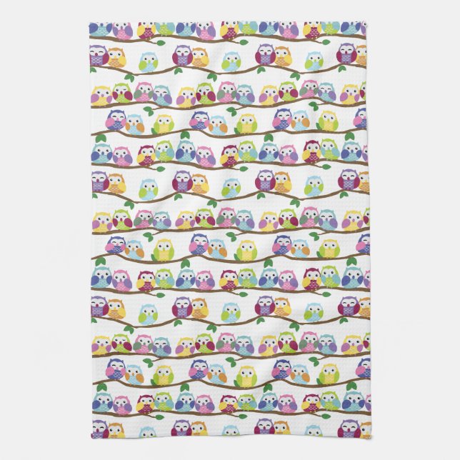 Cute Colourful Owls on the Branch Kitchen Towel (Vertical)