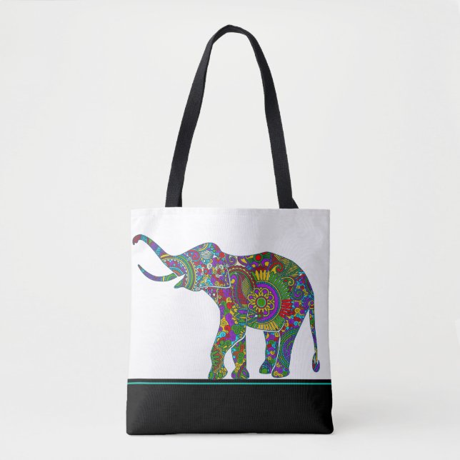 Cute Colourful Paisley Elephant On Black & White Tote Bag (Front)