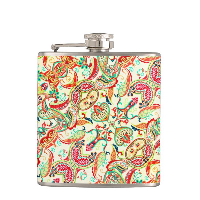 Cute colourful paisley pattern hip flask (Front)