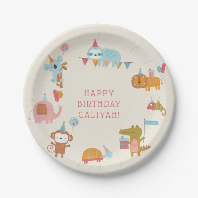 Cute & Colourful Party Animals Kids Birthday Paper Plate (Front)