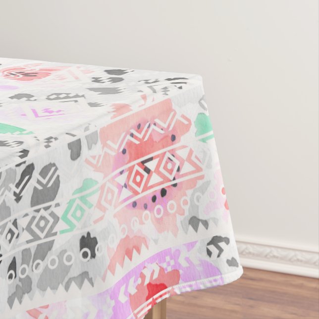 Cute colourful pastel floral aztec tablecloth (In Situ)
